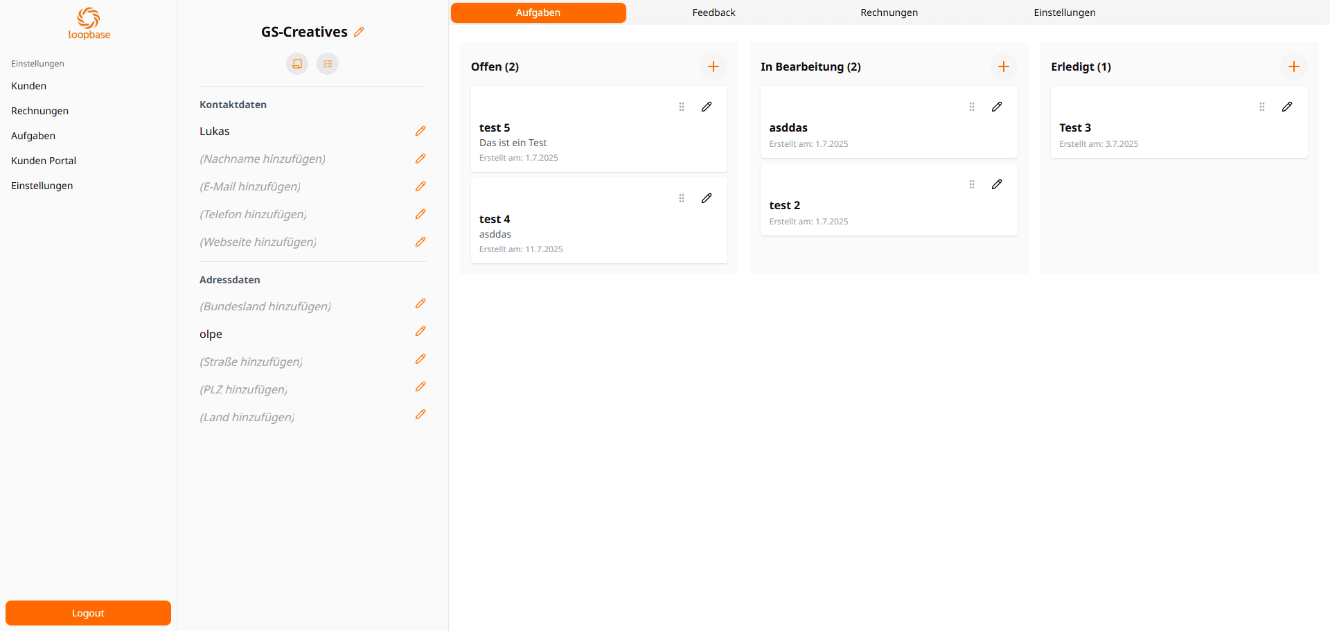 Loopbase Aufgaben Screen